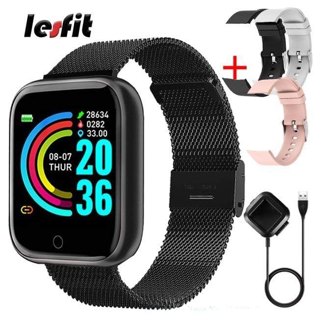 Lesfit Pink Smart Watch Women Men Smartwatch For Android IOS Bluetooth Steel Strap Smart-watch Watch Electronic Fitness Tracker AExp