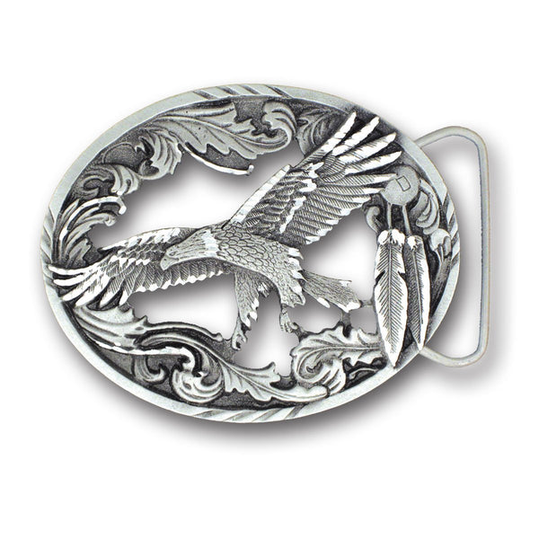 Licensed Sports Originals-Native American Inspired-Wildlife - Eagle with Feathers Antiqued Belt Buckle-Jewelry & Accessories,Buckles,Antiqued Buckles-JadeMoghul Inc.