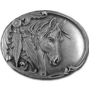 Licensed Sports Originals-Western-Horses - Horse Head and Feather Antiqued Belt Buckle-Jewelry & Accessories,Buckles,Antiqued Buckles-JadeMoghul Inc.