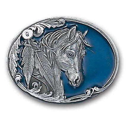 Licensed Sports Originals-Western-Horses - Horse Head and Feather Enameled Belt Buckle-Jewelry & Accessories,Buckles,Enameled Buckles-JadeMoghul Inc.