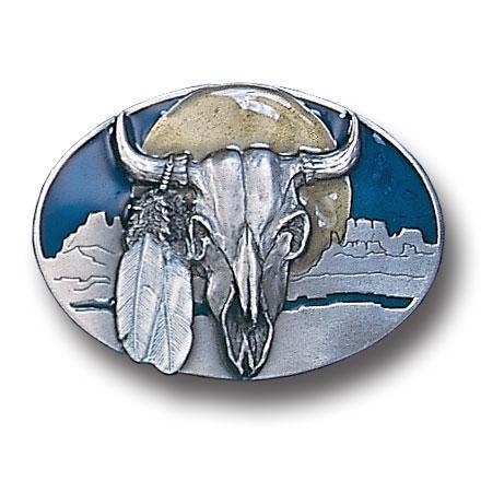Licensed Sports Originals-Western-Skulls - Buffalo Skull/Feathers Enameled Belt Buckle-Jewelry & Accessories,Buckles,Enameled Buckles,-JadeMoghul Inc.