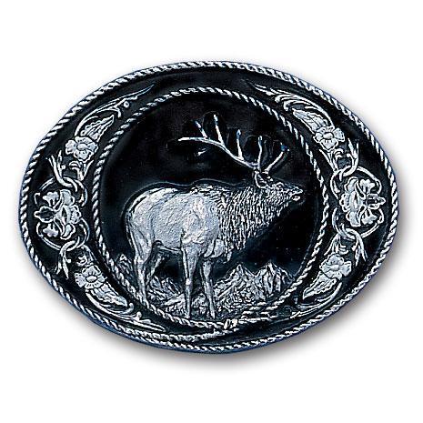 Licensed Sports Originals-Western-Wildlife - Elk with Western Scroll Enameled Belt Buckle-Jewelry & Accessories,Buckles,Enameled Buckles,-JadeMoghul Inc.