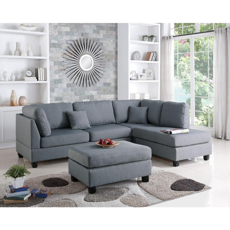 Linen Fabric 3 Pieces Sectional In Gray-Sectional Sofas-Gray-PlywoodSolid PinePlastic Leg Foam-JadeMoghul Inc.