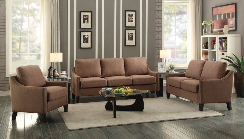 Linen Fabric Upholstered Wooden Three Seater Sofa with Nail head Details, Brown-Sofa & Sectionals-Brown-Wood and Linen Fabric-JadeMoghul Inc.