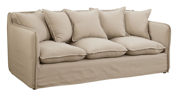 Linen-Like Fabric Sofa With Loose Back Pillows, Beige-Living Room Furniture-Beige-Linen-like Fabric and Wood-JadeMoghul Inc.