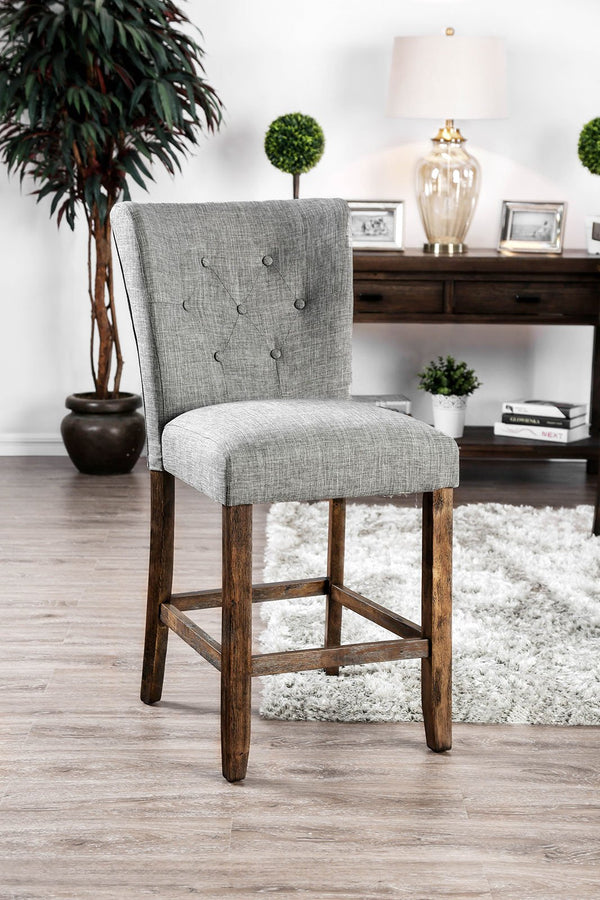 Linen like Fabric Upholstered Solid Wood Counter Height Chair, Gray and Brown, Pack of Two-Chairs-Gray And Brown-Linen Like Fabric and Solid wood-JadeMoghul Inc.