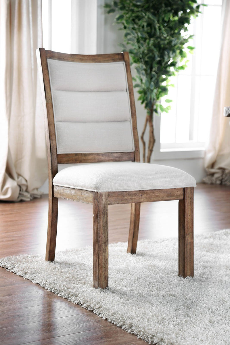 Linen Like Fabric Upholstered Solid Wood Side Chair In Rustic Style, White and Brown, Pack of Two-Dining Chairs-White And Brown-Linen Like Fabric and Solid wood-JadeMoghul Inc.