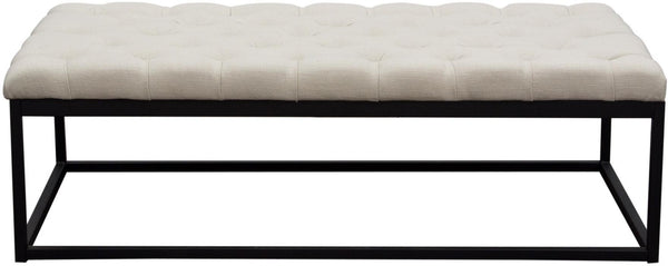 Linen Upholstered Button Tufted Bench with Open Metal Base, Large, Beige and Black