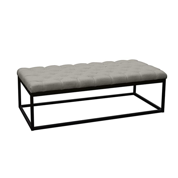 Linen Upholstered Button Tufted Bench with Open Metal Base, Large, Gray and Black