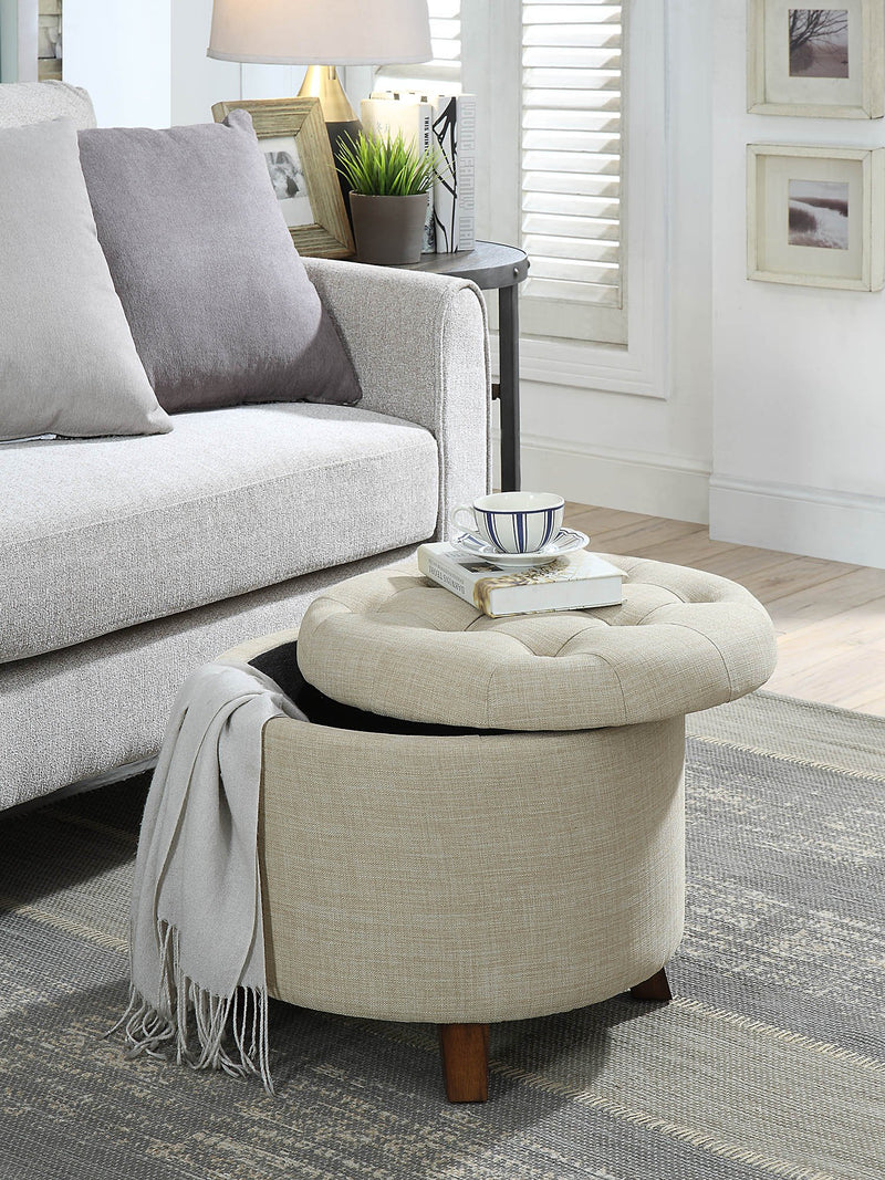 Linen Upholstered Wooden Ottoman with Button Tufted Lift Off Seat, Beige and Brown