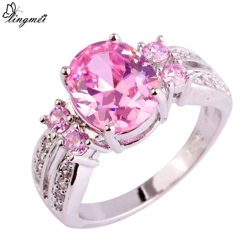 lingmei Nice Fashion Jewelry Pink & White CZ Silver Color Ring Sweet Women Engagement Size 6 7 8 9 10 11 Cubic ZirconiaWholesale-10-Pink-JadeMoghul Inc.