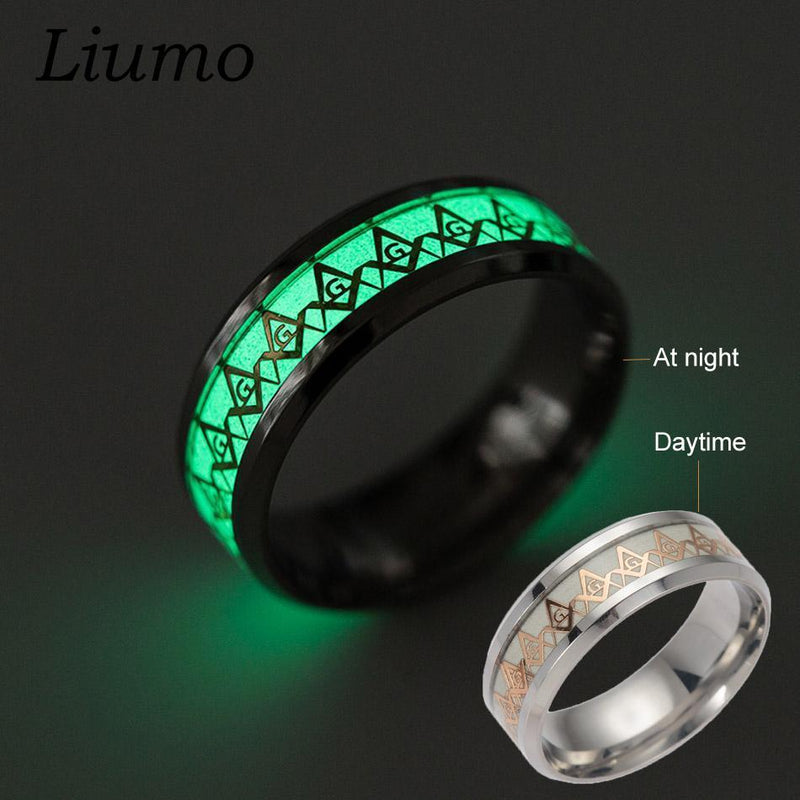 Liumo 2017 New Glow In The Dark 8mm Masonic Silver Gold Color Stainless Steel Men Ring Freemason Male Rings lr030-10-Gold-JadeMoghul Inc.