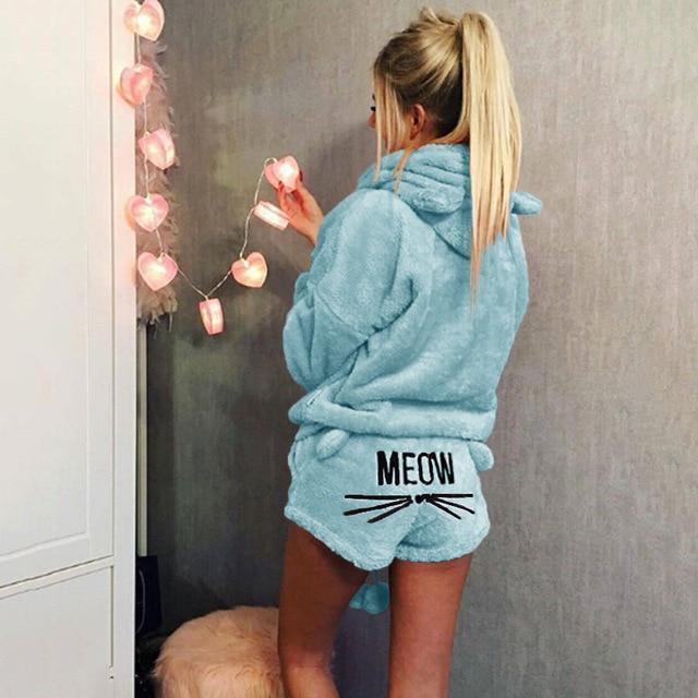 liva girl Women Pajama Sets 2018 Autumn winter Flannel Cartoon Warm Pyjamas Women Homewear Animal Sleepwear Cat female pajama-sky blue-S-JadeMoghul Inc.