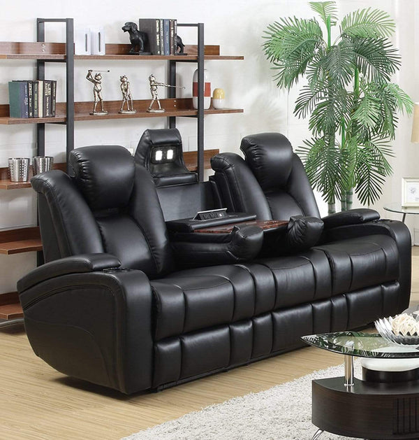 Leatherette Upholstered Contemporary Power Reclining Sofa With Gadgets, Black