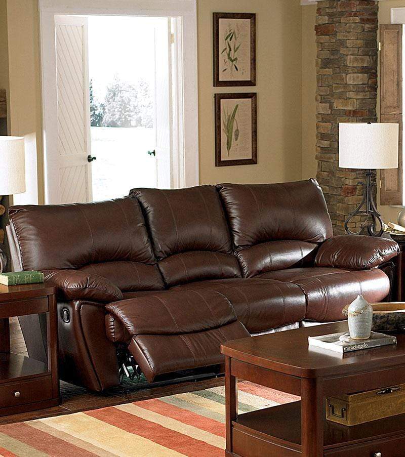 Living Room Furniture Plush Padded Leather Upholstered Double Recliner Contemporary Sofa, Brown Benzara