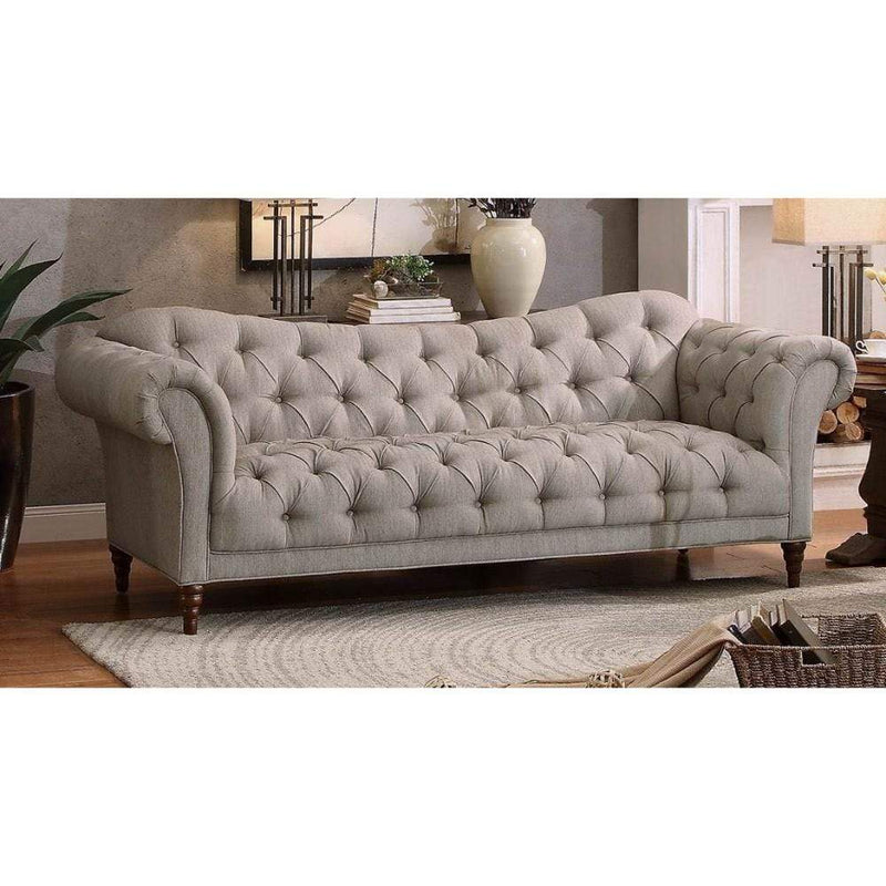 Living Room Furniture Polyester Button Tufted Sofa With Rolled Arms, Light Gray and Brown Benzara