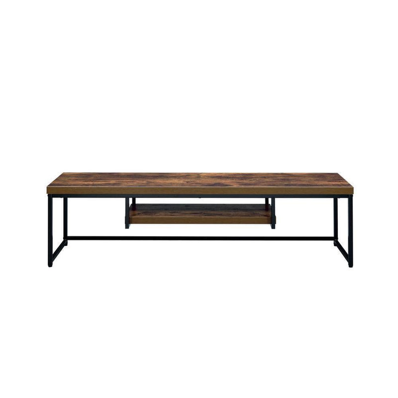 Living Room Furniture Rectangular Wood And Metal TV Stand With One Shelf, Brown And Black Benzara