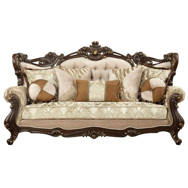 Living Room Furniture Rolled Arm Loveseat With Floral Arched Backrest And Five Pillows, Brown And Beige Benzara