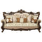 Living Room Furniture Rolled Arm Loveseat With Floral Arched Backrest And Five Pillows, Brown And Beige Benzara