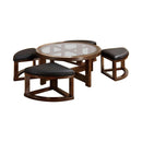 Living Room Furniture Sets Round Wooden Coffee Table With Stylish Wedge Shaped 4 Ottomans Benzara