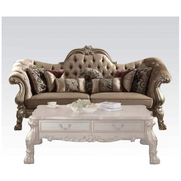 Traditional Poly Resin and Velvet Button Tufted Sofa with 7 Pillows, Gold