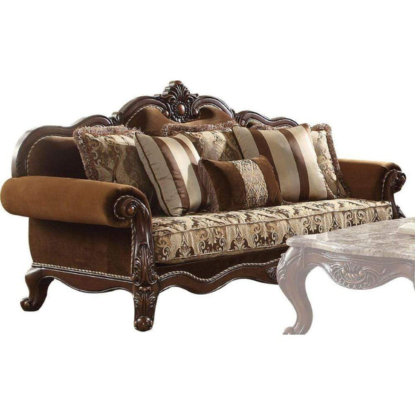 Traditional Style Wood and Fabric Sofa with 6 Pillows, Cherry Oak Brown