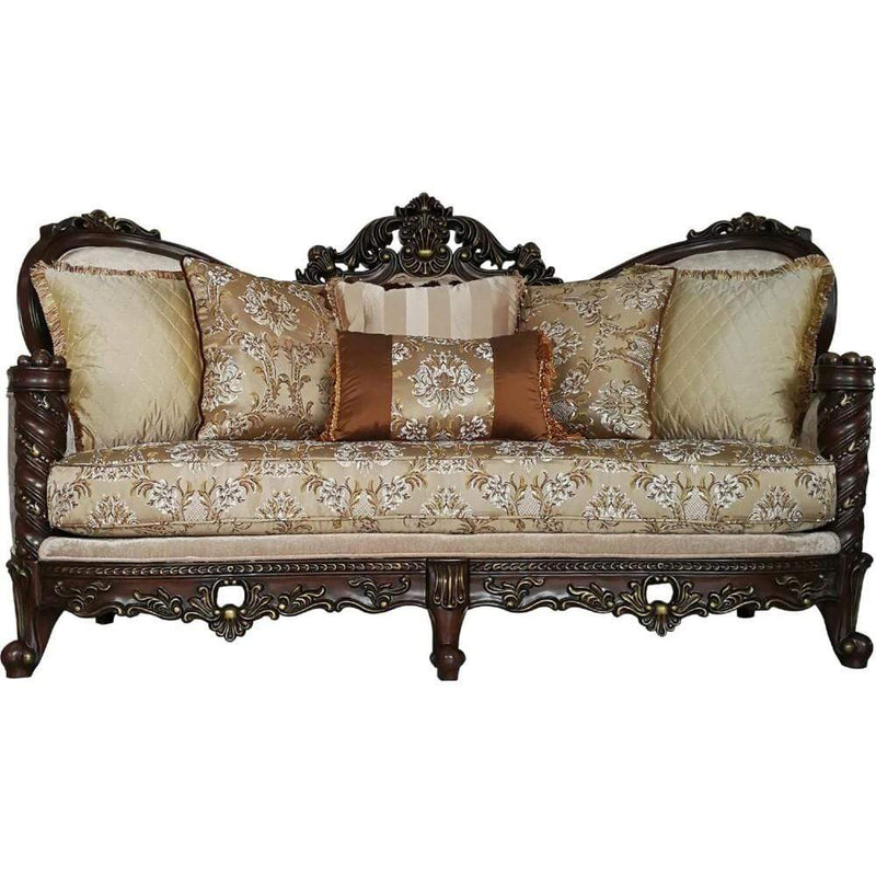 Traditional Style Wooden Sofa with 6 Pillows, Brown