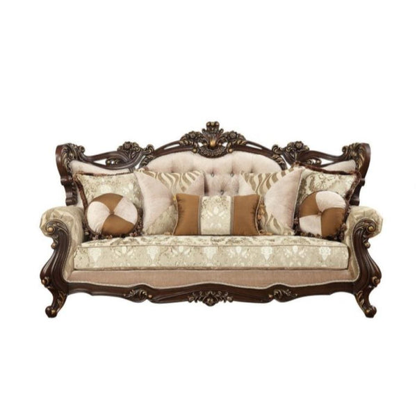 Traditional Style Wooden Sofa with 7 Pillows, Brown