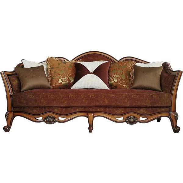 Living Room Furniture Traditional Style Wooden Sofa with 7 Pillows, Oak Brown Benzara