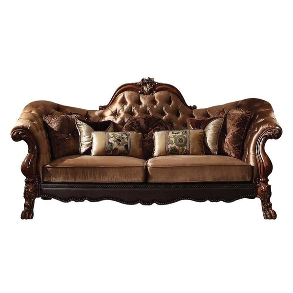 Traditional Velvet and Poly Resin Button Tufted Sofa with 7 Pillows, Brown
