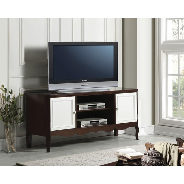 Transitional Style Wooden TV Stand With Two Side Door Cabinets, White And Brown