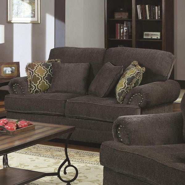 Transitional Wood & Chenille Loveseat With Plush Rolled Arms, Gray