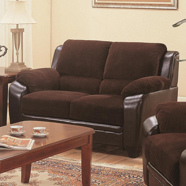 Living Room Furniture Transitional Wood/Corduroy/Leatherette Loveseat, Chocolate & Brown Benzara