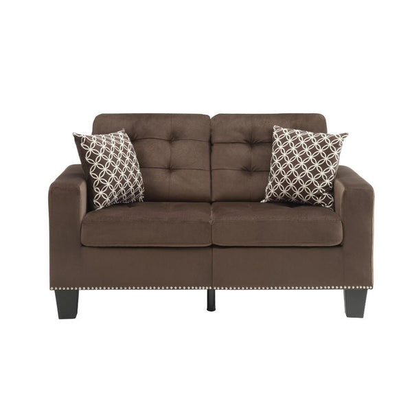 Tufted Fabric Upholstered Love Seat With Two Pillows, Chocolate Brown