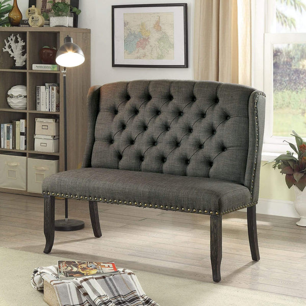 Tufted High Back 2-Seater Love Seat Bench With Nailhead Trims, Gray