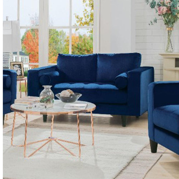 Living Room Furniture Velvet Upholstered Loveseat With Two Kidney Pillows And Tapered Legs, Navy Blue Benzara