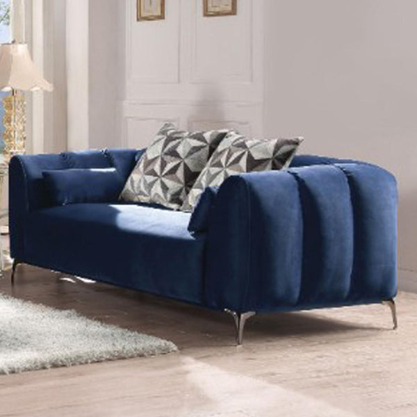Living Room Furniture Velvet Upholstery Loveseat With Four Pillows And Metal Feet, Blue Benzara