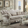 Living Room Furniture Vintage Velvet and Poly Resin Button Tufted Sofa with 5 Pillows, White Benzara