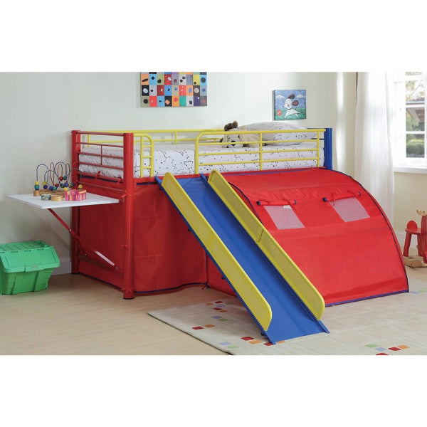 Lofted Bunk Bed with Slide and Tent, Multicolor-Bunk Beds-MULTICOLOR-METAL-JadeMoghul Inc.