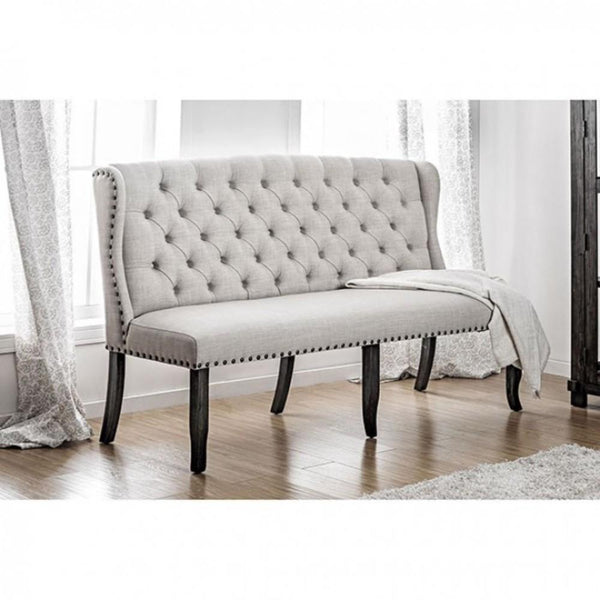 Long bench with tufted back, ivory-Accent and Storage Benches-Antique Black, Gray-Linen Fabric Solid Wood Wood Veneers Others*-JadeMoghul Inc.