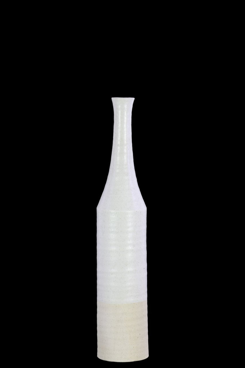 Long Neck Bottle Vase With Cream Banded Rim Bottom In Ceramic, Silver-Vases-Silver-Ceramic-JadeMoghul Inc.