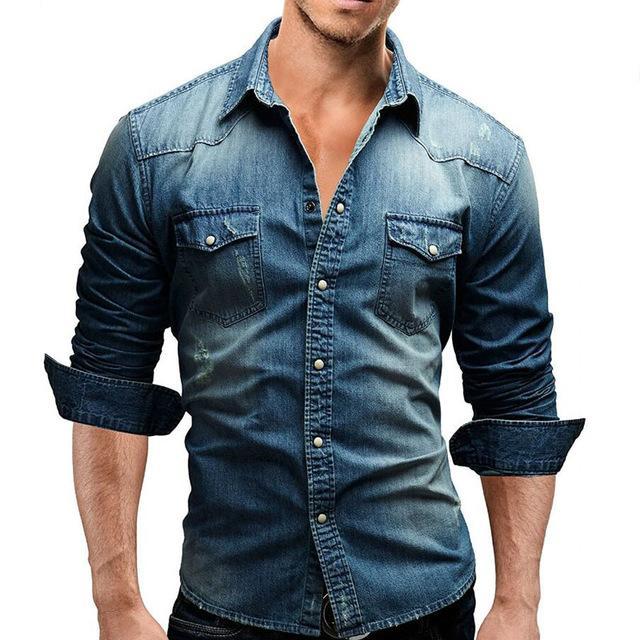 Long Sleeve Denim Shirt / Casual Slim Fit Shirt-Blue-Asia L 170CM 65KG-JadeMoghul Inc.