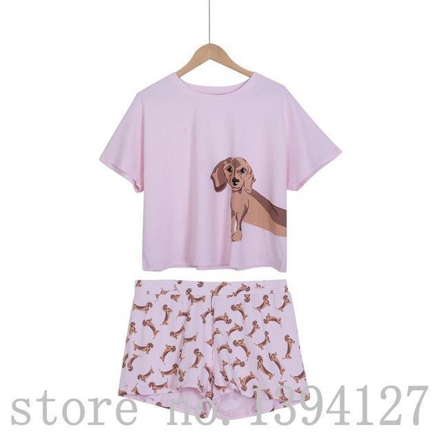 Loose Pajama Sets Women Cute Dachshund Print 2 Pieces Set Cotton T shirt Top + Shorts Elastic Waist Plus Size White Pink S6706-Pink dachshund set-S-JadeMoghul Inc.
