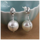 Lotus Fun Real 925 Sterling Silver Natural Handmade Fine Jewelry Lotus Flower Mother of Pearl Dangle Earrings for Women Brincos
