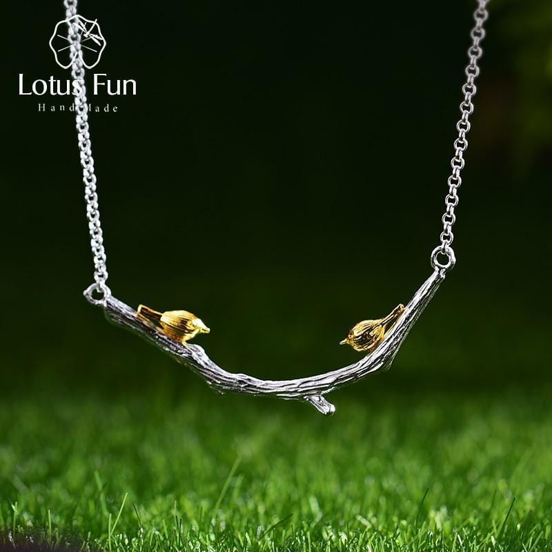 Lotus Fun Real 925 Sterling Silver Natural Original Handmade Fine Jewelry Bird on Branch Necklace for Women Bijoux-Silver-JadeMoghul Inc.