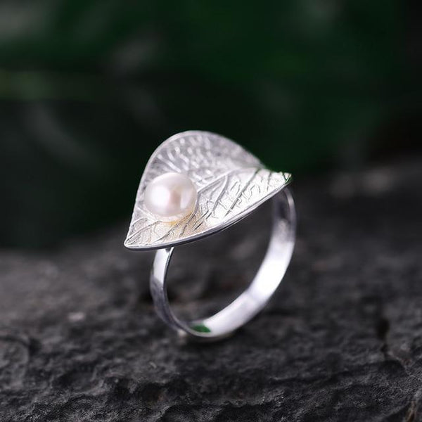 Lotus Fun Real 925 Sterling Silver Natural Pearl Handmade Designer Fine Jewelry Creative Open Ring Leaf Rings for Women Bijoux-Resizable-Silver-JadeMoghul Inc.