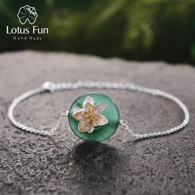 Lotus Fun Real 925 Sterling Silver Natural Stones Creative Handmade Fine Jewelry Lotus Whispers Bracelet for Women Brincos-Green Aventurine-JadeMoghul Inc.