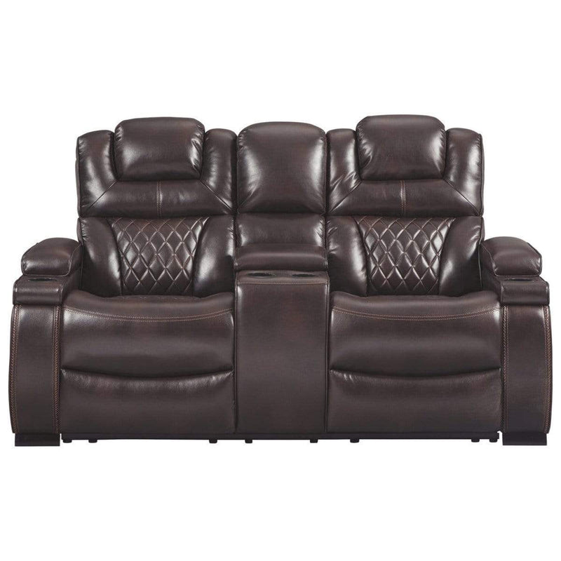 Lounge Chaises & Recliners Polyester Upholstered Metal Power Reclining Loveseat with Console and Adjustable Headrest, Brown Benzara