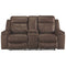 Lounge Chaises & Recliners Polyester Upholstered Metal Reclining Loveseat with Storage Console, Brown Benzara