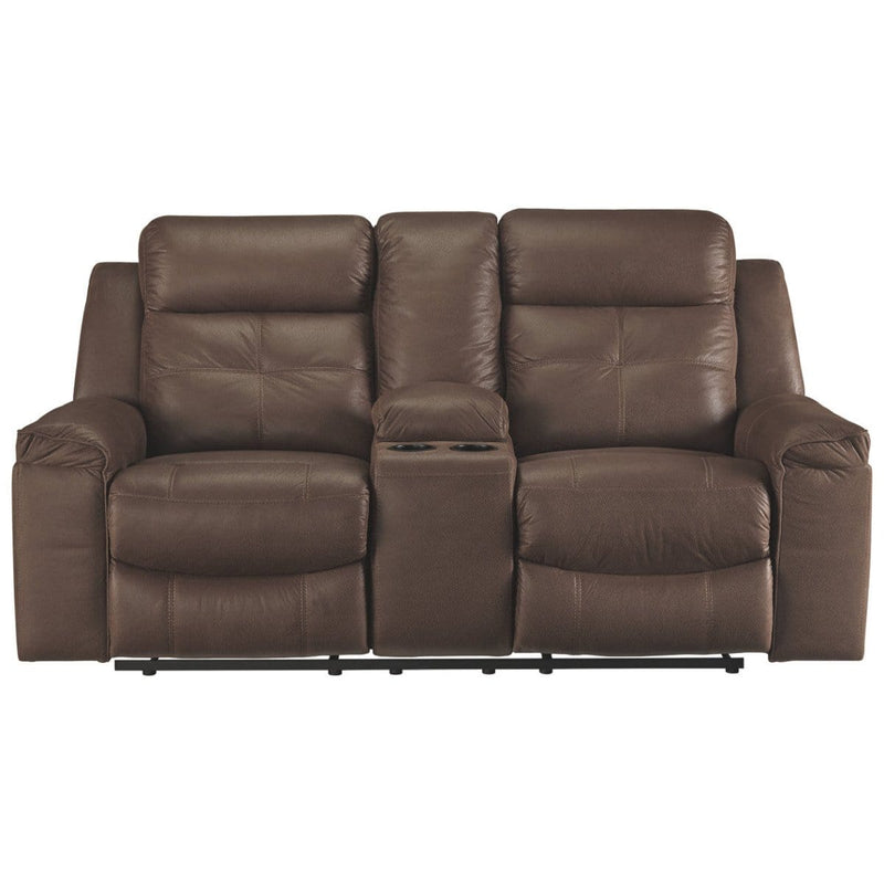 Lounge Chaises & Recliners Polyester Upholstered Metal Reclining Loveseat with Storage Console, Brown Benzara